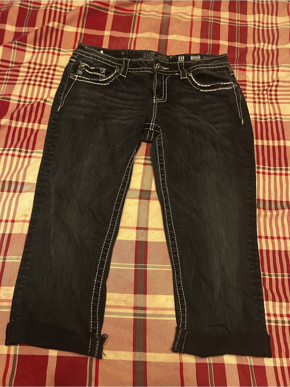 Miss Me Dark Blue Cropped Jeans with White Contrast Stitch